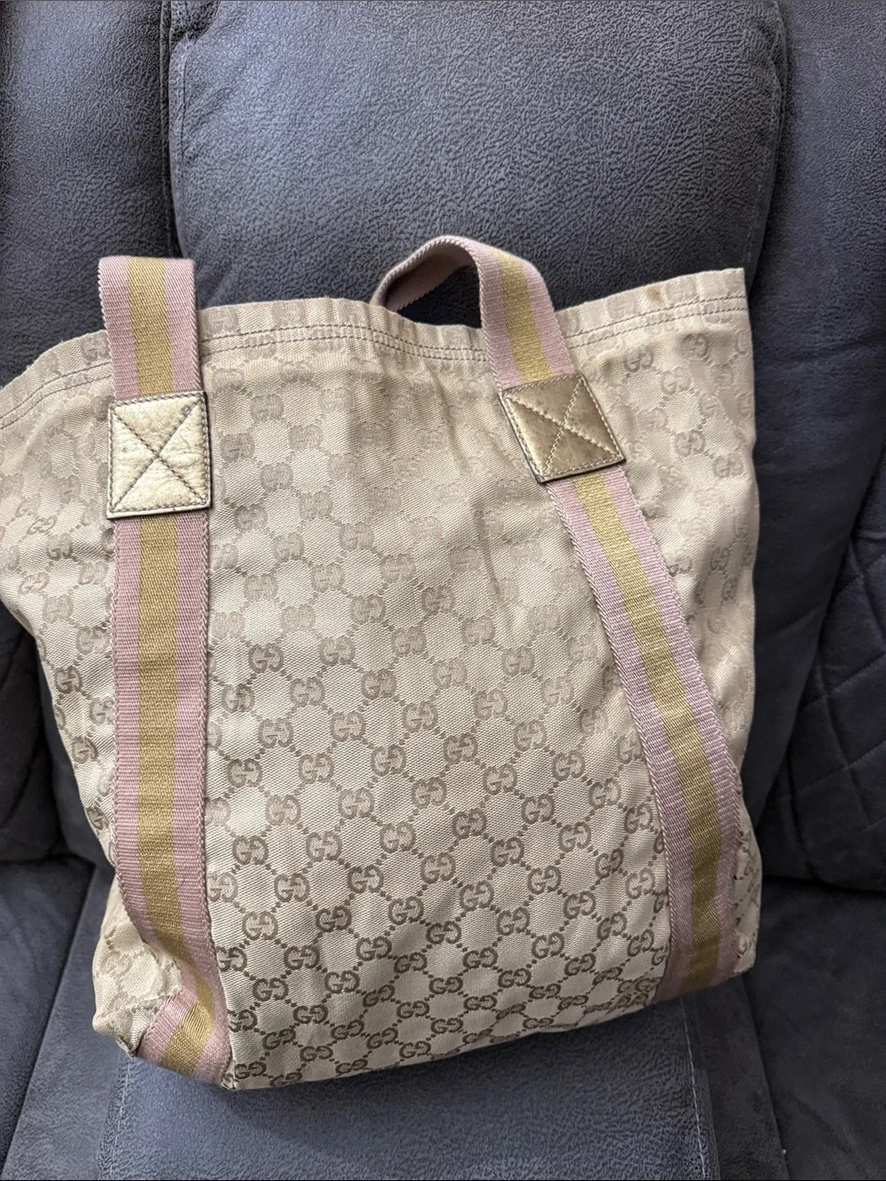 GG Monogram Beige Canvas Tote with Pink & Olive Straps - Picture 6 of 12